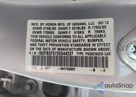 2013 Honda Civic Lx from USA, damaged, VIN 19XFB2F57DE044237